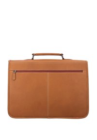 Bruine leren aktetas met een gladde textuur, voorzien van een bovenhandvat, een voertas met rits aan de voorkant, en contrasterende stiksels.