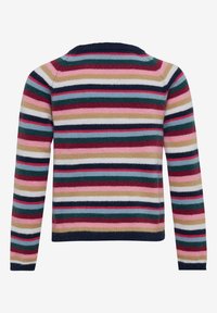 Svetr s vícebarevnými pruhy, který má horizontální pruhy v námořnické modré, zelené, růžové, krémové a burgundské barvě; měkká textura a kulatý výstřih.