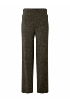 Tmavě šedé kalhoty s širokými nohavicemi a elastickým pasem, vyrobené z měkké pleteniny, vystavené na jednoduchém bílém pozadí.