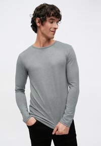 Hall halli pikkade varrukatega särk, tehtud pehmest kangast, ümar kaelusega ja kitsas lõikega. Kandmisel igapäevaselt, käed taskutes, ühevärvilise tausta ees.