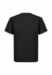 En simpel sort T-shirt med korte ærmer set fra ryggen uden synlige logoer eller designs.