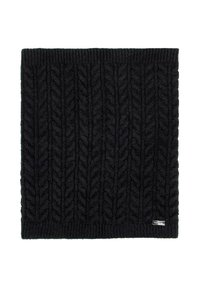 Czarny dziany szalik z wzorem warkocza, z grubą prążkowaną teksturą i małą metką z logo z boku. Prostokątny kształt.