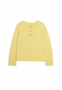 Cardigan giallo lavorato a maglia con maniche lunghe, scollo rotondo e cinque bottoni in legno lungo la parte anteriore. Tessuto testurizzato con un motivo a costine.