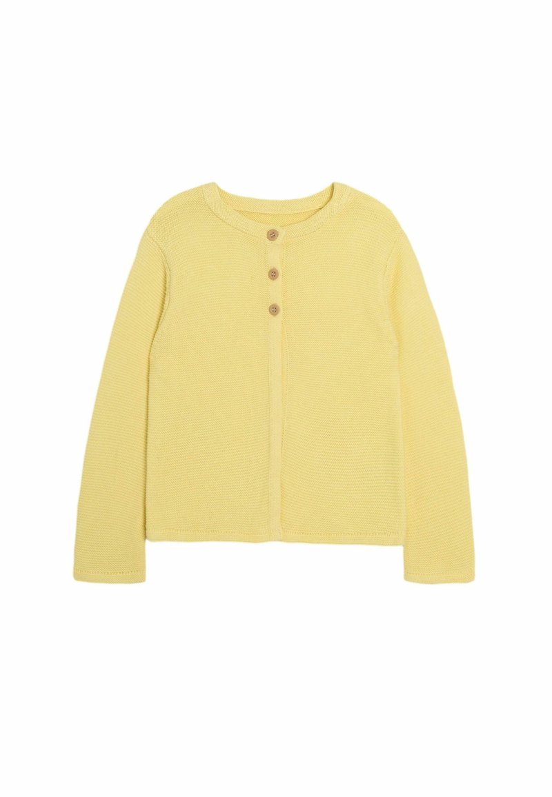 Cardigan giallo lavorato a maglia con maniche lunghe, scollo rotondo e cinque bottoni in legno lungo la parte anteriore. Tessuto testurizzato con un motivo a costine.