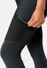 Leggings atletici neri con un pannello in rete testurizzata sulla coscia. Tessuto liscio e elastico con dettagli di cucitura a contrasto.