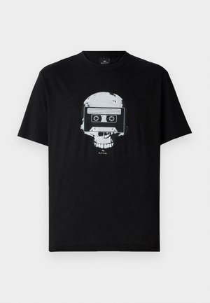 Czarny bawełniany t-shirt z grafiką czaszki z kasetą magnetofonową na twarzy, w białych i szarych odcieniach, z krótkimi rękawami.