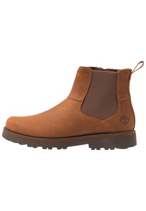 Brown leather ankle boot with elastic side panels, rounded toe, and textured rubber sole. Features a small logo on the heel.