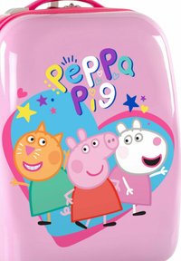 Valigia rigida rosa con Peppa Pig e i suoi amici in colori vivaci, con una finitura lucida e elementi grafici tra cui stelle e cuori.