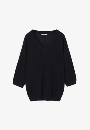 Pulover negru cu gât în V, cu mâneci trei sferturi și detaliu subtil cu găurele de-a lungul decolteului, prezentat pe fundal alb.