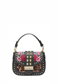 Borsa nera in pelle con ricamo floreale e pannello con stampa leopardata. Presenta borchie dorate e una targa logo dorata sul davanti.