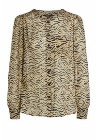 Beige Bluse mit schwarzem Tigermuster, Knopfleiste vorn, langen Ärmeln und einer Brusttasche. Glattes, leichtes Material.