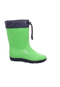 Groene rubberen regenschoen met een marineblauwe bovenrand, trekkoordsluiting en een profielzool voor grip. Glad oppervlak met een afgeronde teenvorm.