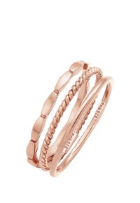 Set aus drei roségoldenen Stapelringen mit glatten, gedrehten und strukturierten Oberflächen, aus Sterlingsilber mit der Prägung 925.