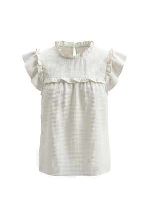 Witte gestructureerde mouwloze blouse met gerimpelde hoge hals, vlindermouwen en een horizontale ruchesdetail over de borst.