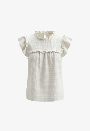 Biała, teksturowana bluzka bez rękawów z marszczonym wysokim kołnierzem, falbaniastymi rękawami i poziomym falbanowym detalem na wysokości klatki piersiowej.