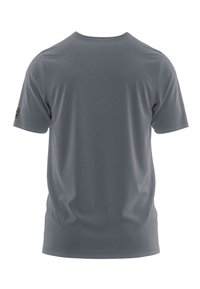Grijze t-shirt met korte mouwen en ronde hals, gemaakt van een gladde stof, met een subtiele textuur en een klein logo op de linker mouw.