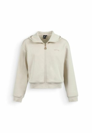Felpa con cappuccio beige con cerniera, cappuccio, maniche lunghe, polsini a costine e un piccolo logo ricamato sul petto sinistro.