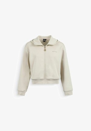 Beige hoodie met rits, voorzien van een capuchon, lange mouwen, geribbelde manchetten en een klein geborduurd logo op de linkerborst.