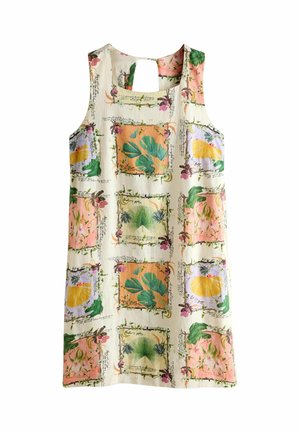 Ærmeløs linnedkjole med firkantet udskæring og tropiske blade- og blomsterprint i grønt, gult, orange og pink på en cremefarvet baggrund.