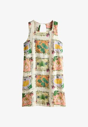 Varrukateta linane kleit ruudukujulise kaelusega, troopiliste lehtede ja lillemustriga rohelises, kollases, oranžis ja roosas värvitoonis kreemjal taustal.