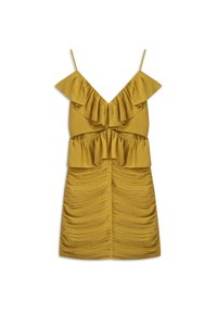 Vestido amarillo con tirantes de espagueti, que presenta volantes en capas en el escote y textura fruncida a lo largo de la falda.