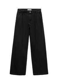 Sorte brede jeans lavet af denim, med høj talje, forlommer og knaplukning. Teksturen er glat med minimal detaljering.
