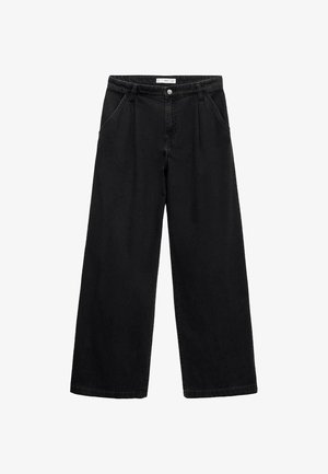 Black wide-leg jeans made from denim, featuring a high waist, front pockets, and a button closure. The texture is smooth with minimal detailing.