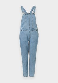 Salopette en denim bleu clair avec bretelles réglables et bavette à l'avant, avec une taille cintrée et des jambes droites.