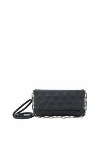 Borsa a spalla nera trapuntata con tracolla a catena, caratterizzata da un motivo in rilievo e una texture liscia. Forma rettangolare compatta.