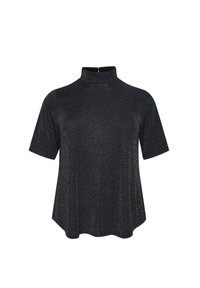 Top negru cu mânecă scurtă, cu un guler în stil mock, având un finisaj texturat și un luciu metalic subtil, oferind o croială largă și lejeră.
