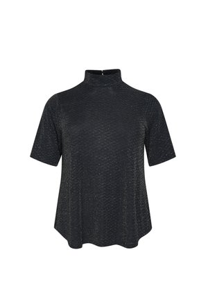 Top nero a maniche corte con collo alto, caratterizzato da una finitura testurizzata e un leggero effetto metallizzato, che offre una vestibilità ampia e rilassata.