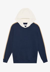 Felpa blu navy con cappuccio foderato bianco, caratterizzata da strisce tan sulle spalle, tasca frontale e polsini a costine. Materiale in cotone.