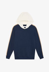 Sudadera azul marino con capucha blanca forrada, con rayas en los hombros color beige, un bolsillo frontal y puños de canalé. Material de algodón.