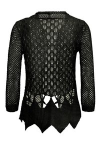 Schwarzer gehäkelter Pullover mit langen Ärmeln, der einen gewellten Saum und rautenförmige Ausschnitte im gesamten Design aufweist.