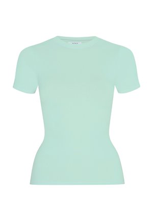 Mintgroen, kort mouwens, getailleerd dames-T-shirt met ronde hals en licht gebogen taille, getoond op een effen witte achtergrond.