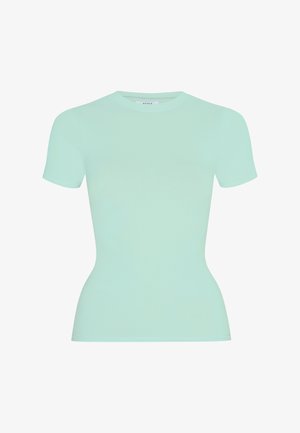 Mintgroen, kort mouwens, getailleerd dames-T-shirt met ronde hals en licht gebogen taille, getoond op een effen witte achtergrond.