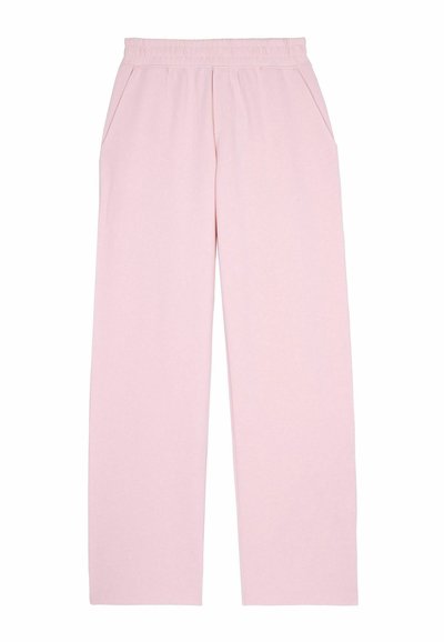 Lichtroze wijde broek met een elastische tailleband en zijzakken. Gemaakt van zachte stof, met een gladde textuur en zonder zichtbare patronen.