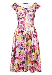 Blumenkleid mit einem lebhaften Rosenmuster in verschiedenen Rosa-, Gelb- und Violetttönen. Es hat kurze, schulterfreie Ärmel und eine taillierte Passform.