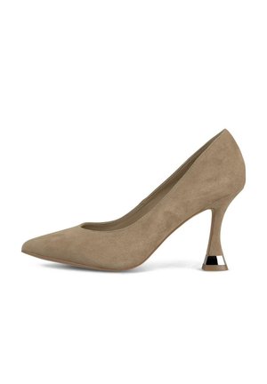 Décolleté in suede beige con punta affusolata, silhouette elegante e tacco unico con dettagli in oro per un tocco di stile in più.