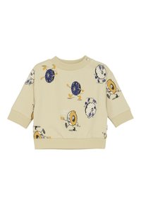 Beige peuter sweatshirt met geanimeerde donuts in blauw, wit en geel die lopen en een drankje vasthouden, met ribgebreide boorden en halslijn.