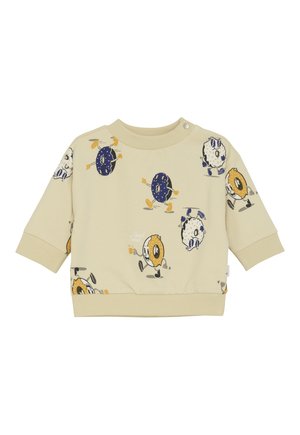Beige peuter sweatshirt met geanimeerde donuts in blauw, wit en geel die lopen en een drankje vasthouden, met ribgebreide boorden en halslijn.