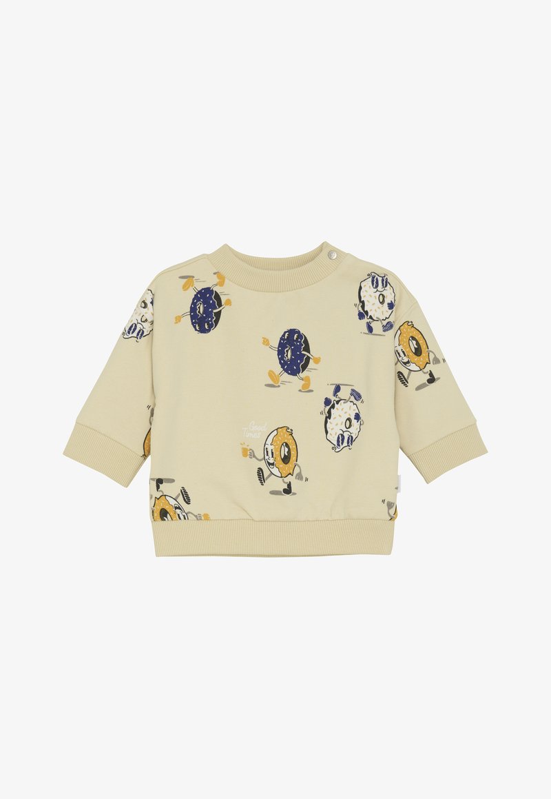 Beige peuter sweatshirt met geanimeerde donuts in blauw, wit en geel die lopen en een drankje vasthouden, met ribgebreide boorden en halslijn.