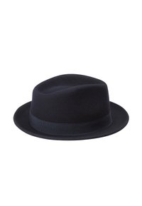 Navy felt fedora with a wide matching ribbon around the base, viewed from the side against a plain white background.