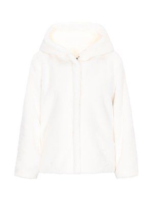 Weiße Kunstfell-Jacke mit Kapuze und Reißverschlussfront, die eine weiche Textur und lange Ärmel aufweist, ideal für Wärme und Komfort bei kaltem Wetter.