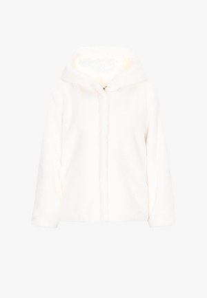 Biała kurtka z sztucznego futra z kapturem, zapinana na zamek, o miękkiej fakturze i długich rękawach, idealna na zimniejsze dni, zapewniająca ciepło i komfort.