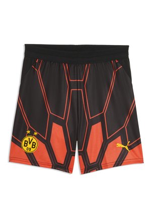 Schwarze und orange Sports-Shorts mit geometrischem Muster, Borussia Dortmund-Logo am linken Bein und gelbem Puma-Logo am rechten Bein.