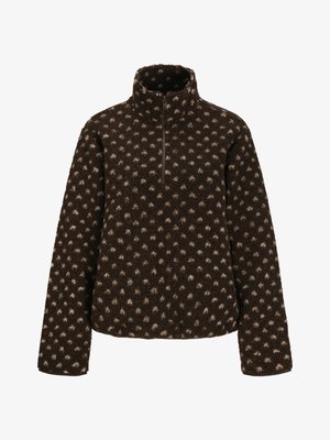 Pulover maro din fleece cu buline bej deschis, mâneci lungi, guler înalt și închidere cu fermoar pe jumătate în față.