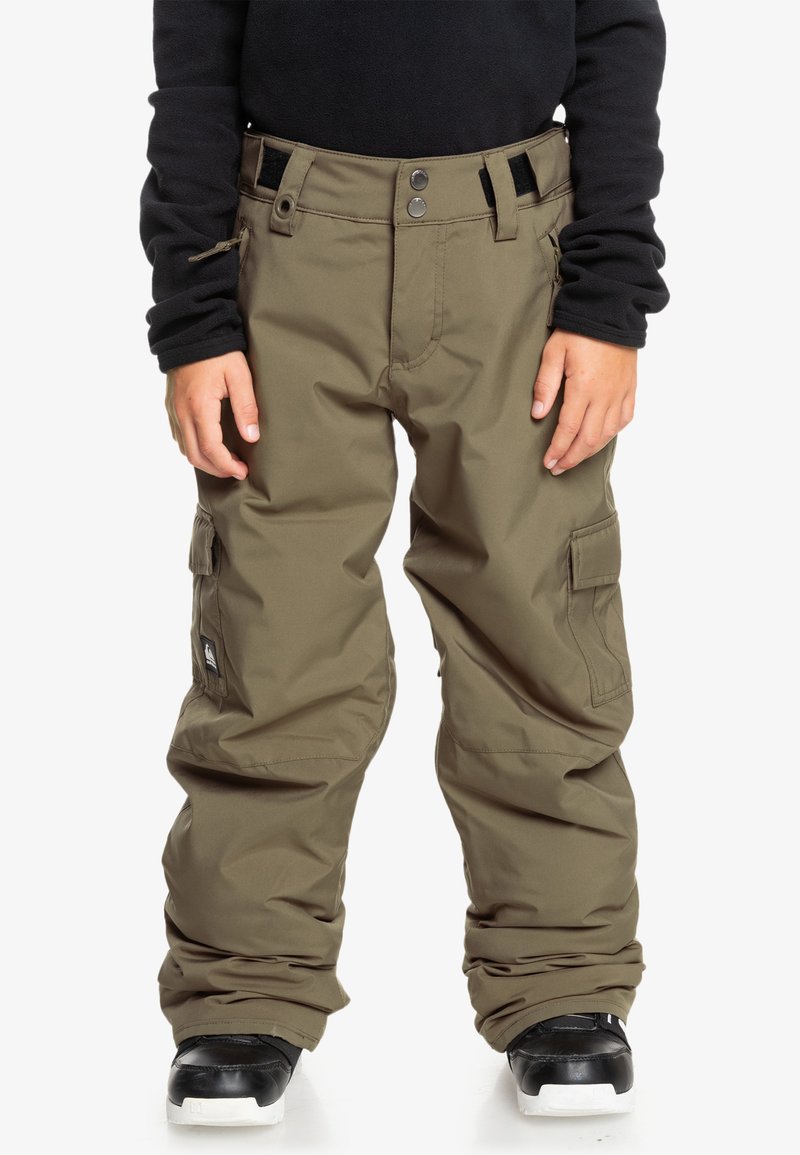 Pantalons cargo verts à coupe décontractée, avec ceinture ajustable, poches latérales et bas de pantalon élastiques. Fabriqués en matériau résistant aux intempéries.