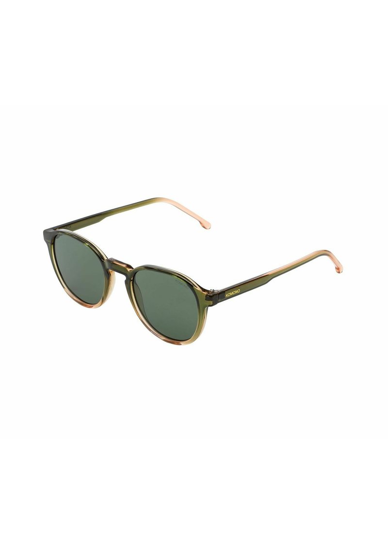 Lunettes de soleil rondes avec des verres vert foncé, une monture vert olive et des branches accentuées de doré ; design élégant avec une finition brillante.