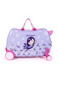Purple hard-shell suitcase with pink accents, featuring a mermaid graphic, star patterns, and two wheels for mobility. Handle on top.